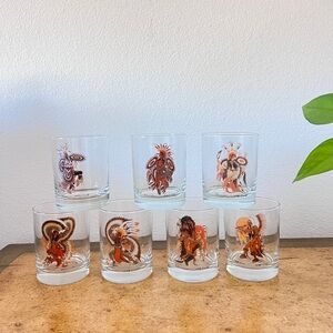 Vintage Rare Woody Crumbo Native American Indian Clear Glasses Set of 7